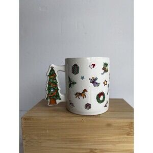 Enesco Christmas Mug 1985 Tree Handle Holiday Icons Vintage Ceramic Korea
